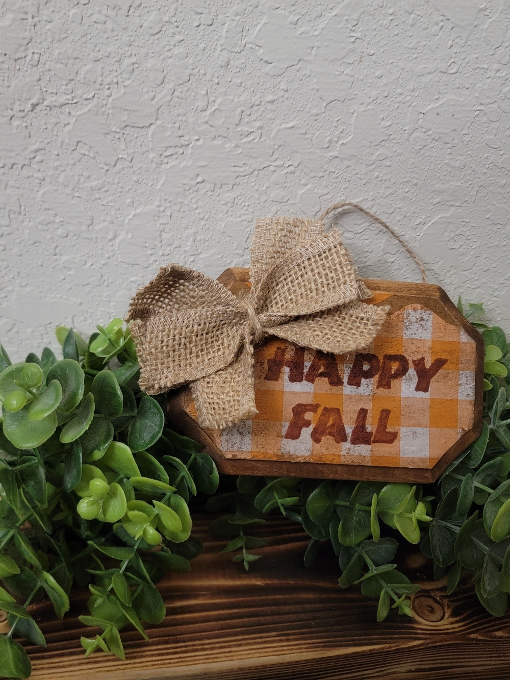 Happy Fall Plaid Wooden Hanging Sign with Burlap Bow